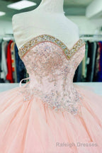 Pink Lace Beaded Long A Line Ball Gowns, Sweet 16 Dress