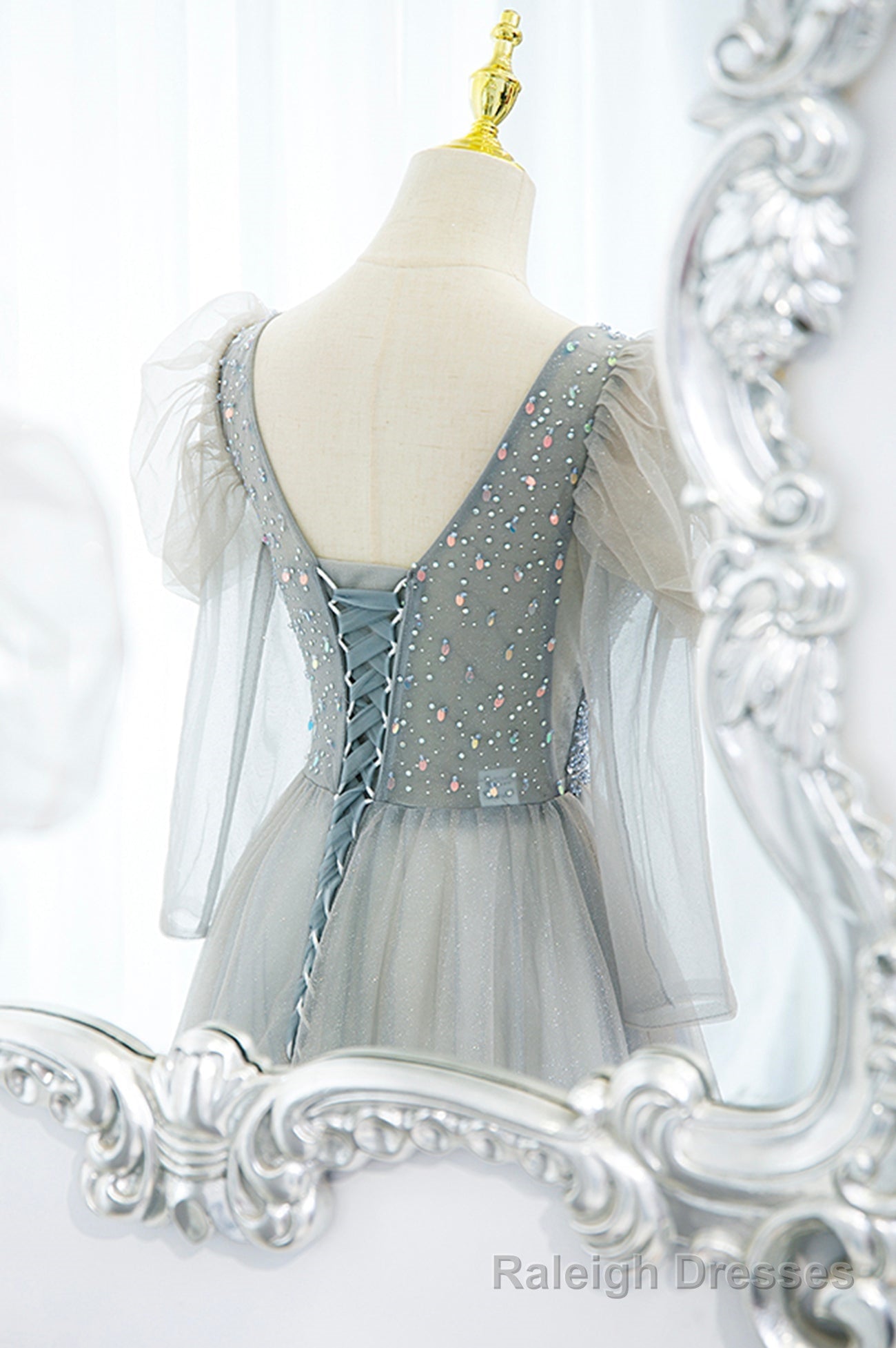 Cute V-Neck Tulle Beaded Long Prom Dress, Gray A-Line Evening Party Dress