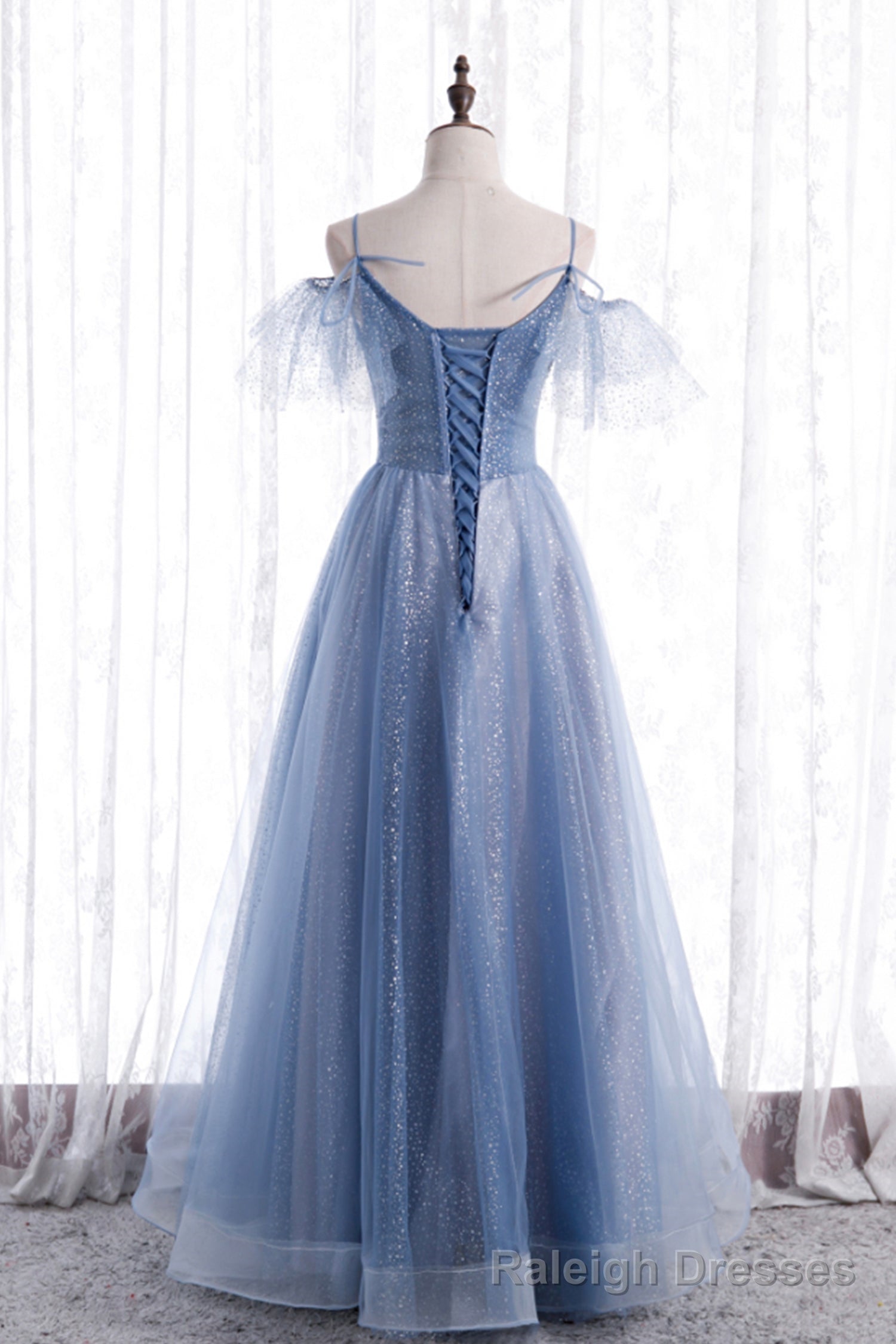 Blue Tulle Long A-Line Prom Dresses, Blue Spaghetti Strap Evening Dresses Main image