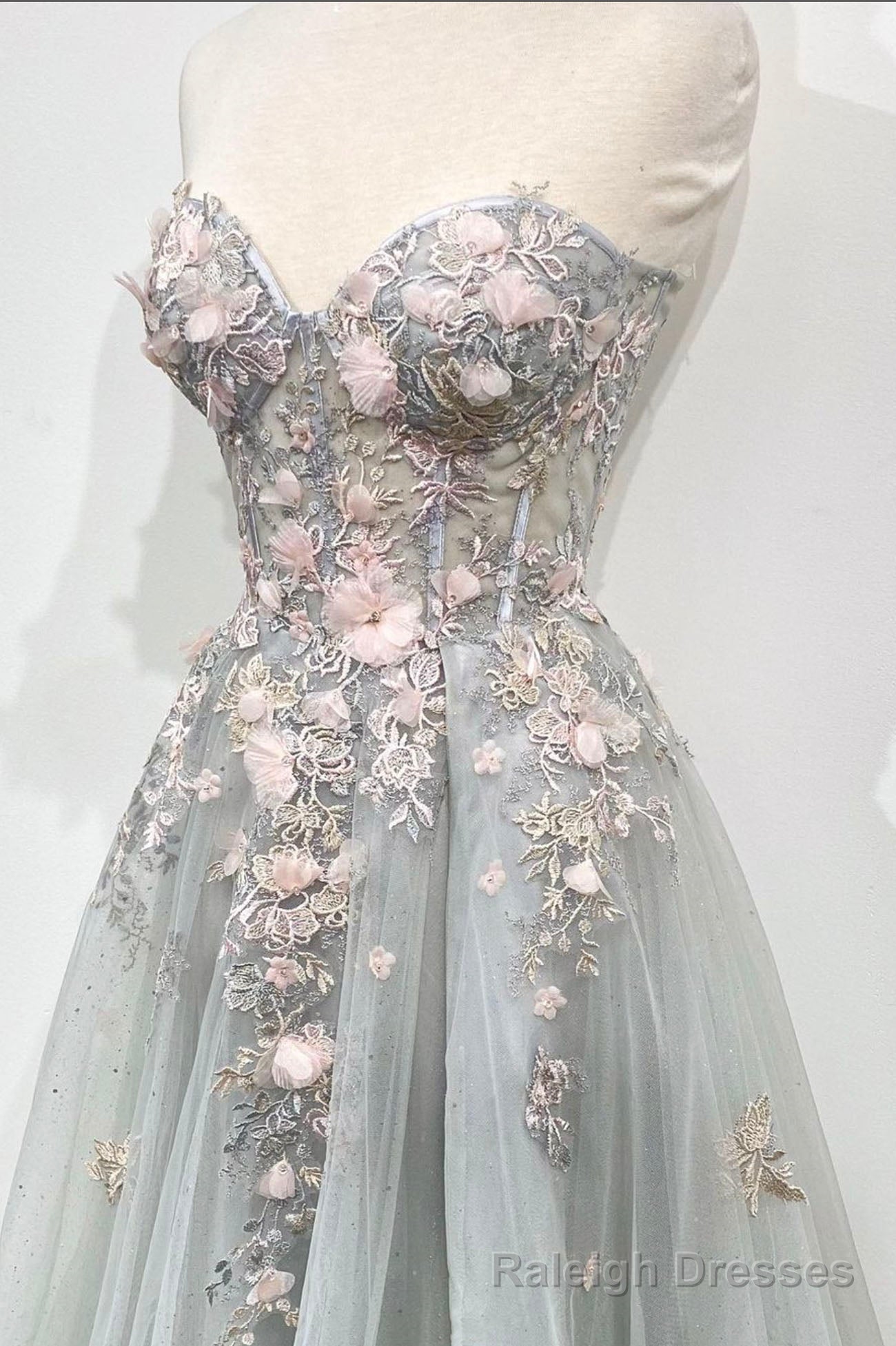 Gray Strapless Lace Long A Line Prom Gowns, Graduation Dress Secondary image