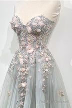 Gray Strapless Lace Long A Line Prom Gowns, Graduation Dress