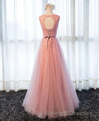 A Line Round Neck Tulle Long Prom Dress, Lace Evening Dress