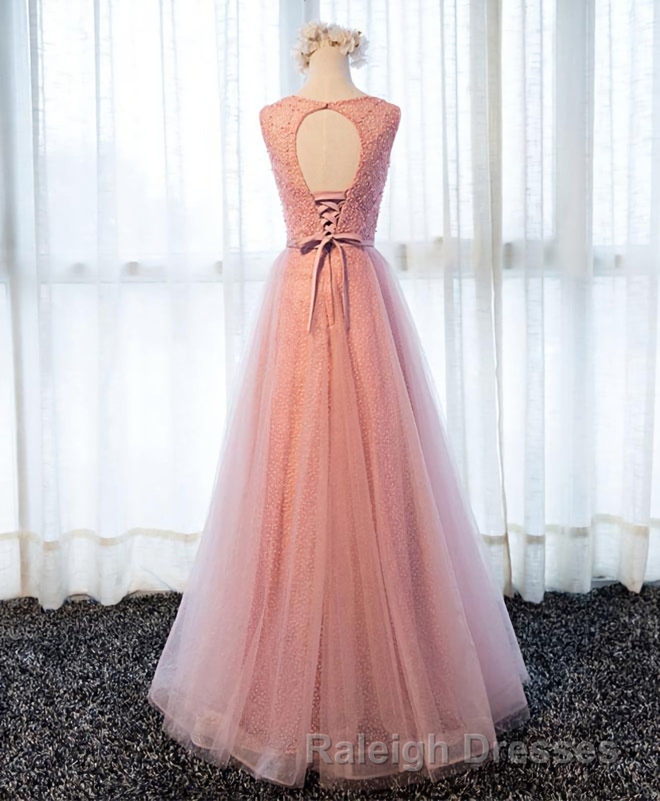 A Line Round Neck Tulle Long Prom Dress, Lace Evening Dress
