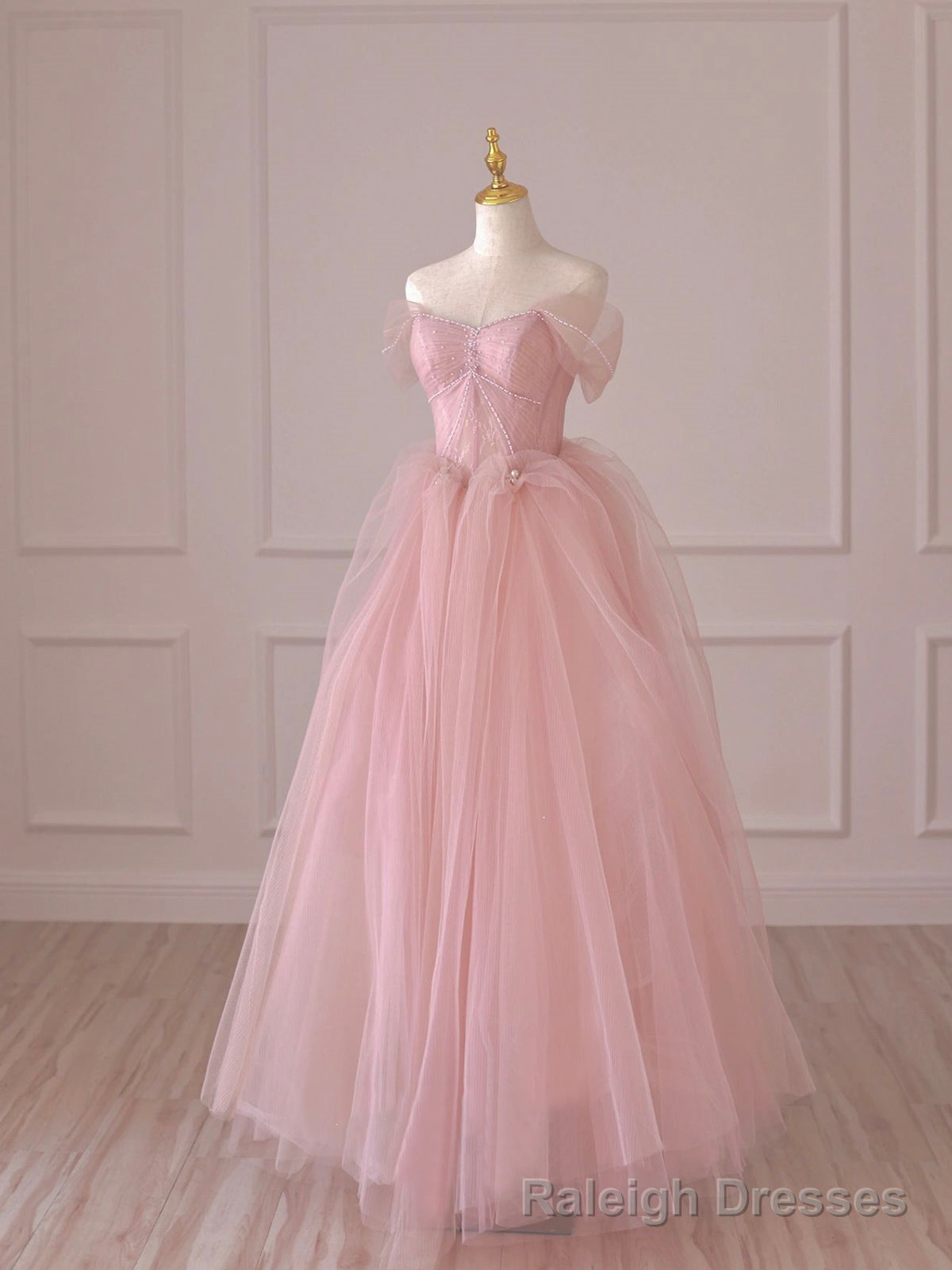 Pink Tulle Lace Long Prom Dress, Off the Shoulder Evening Dress Main image