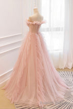 Pink Tulle Long Prom Dresses, A-Line Graduation Dresses