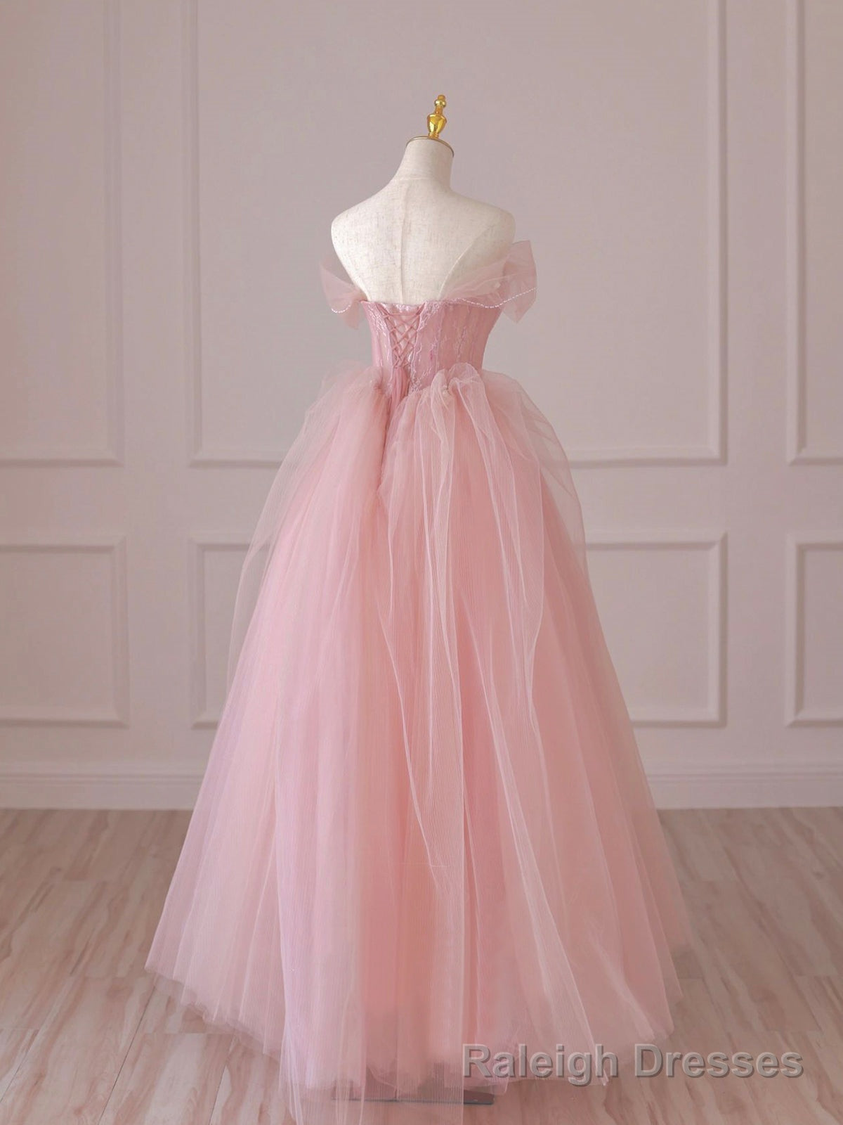 Pink Tulle Lace Long Prom Dress, Off the Shoulder Evening Dress Secondary image