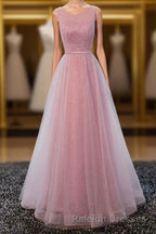 A Line Round Neck Tulle Long Prom Dress, Lace Evening Dress