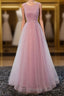 A Line Round Neck Tulle Long Prom Dress, Lace Evening Dress