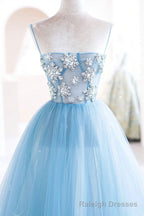 Blue Spaghetti Strap Tulle Beading Long A Line Prom Dresses