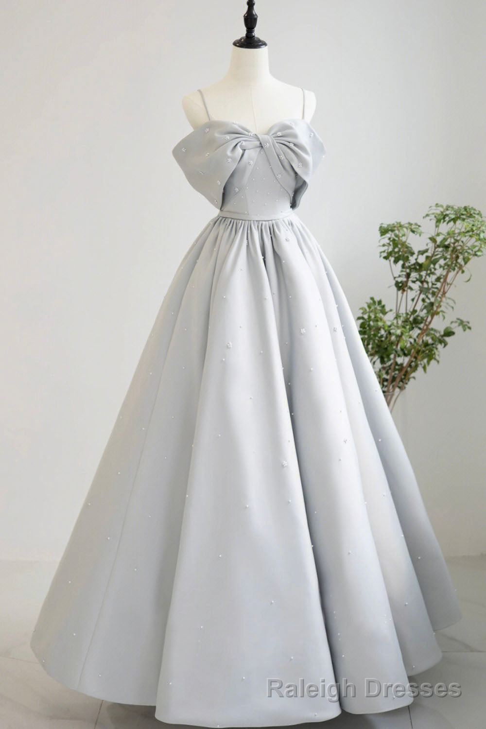 Gray Satin Long A-Line Prom Dress, Off the Shoulder Evening Dress with Pearls Main image