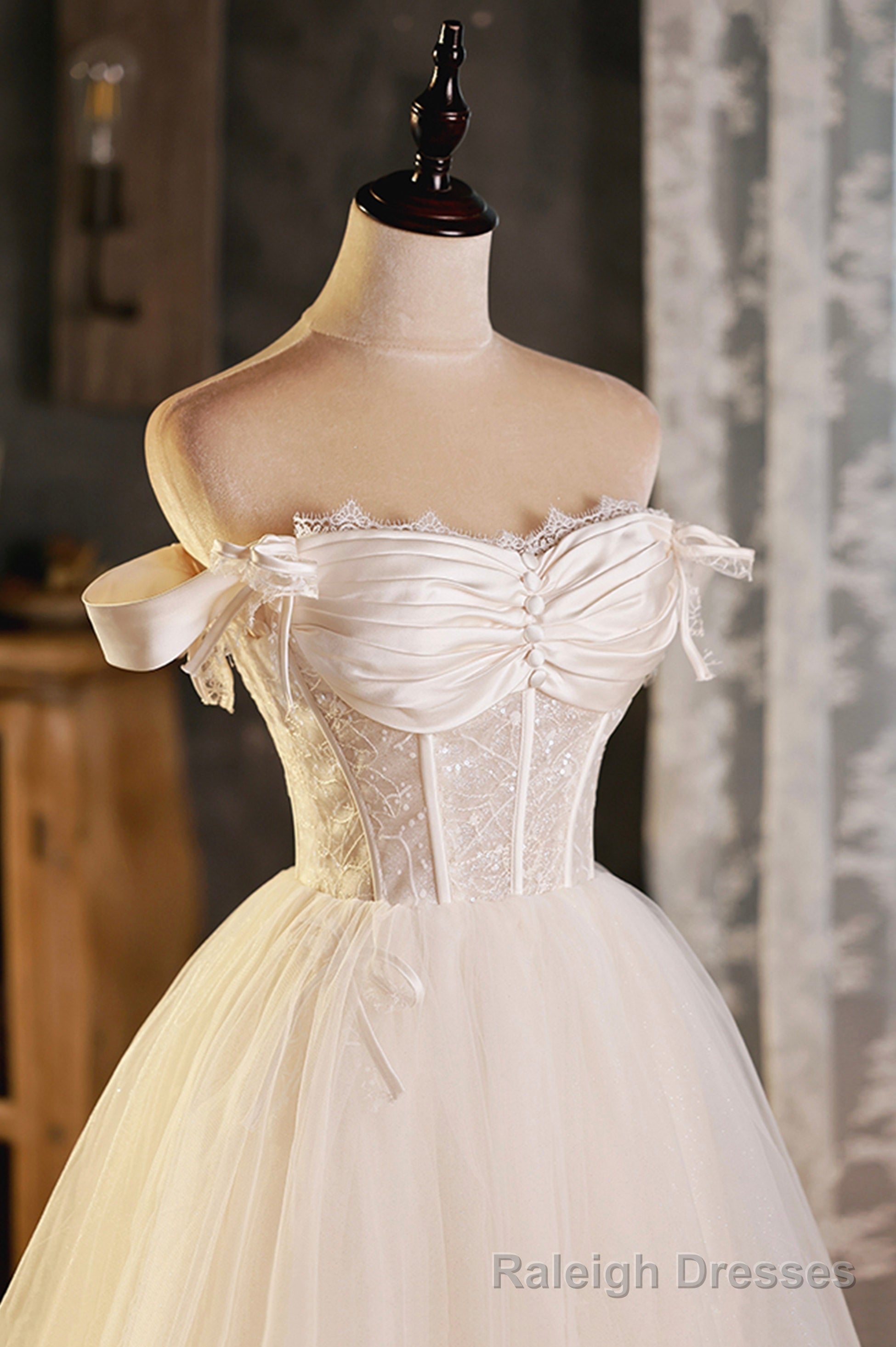 A Line Tulle Short Prom Dress, Cute Champagne Off the Shoulder Prom Dresses Secondary image