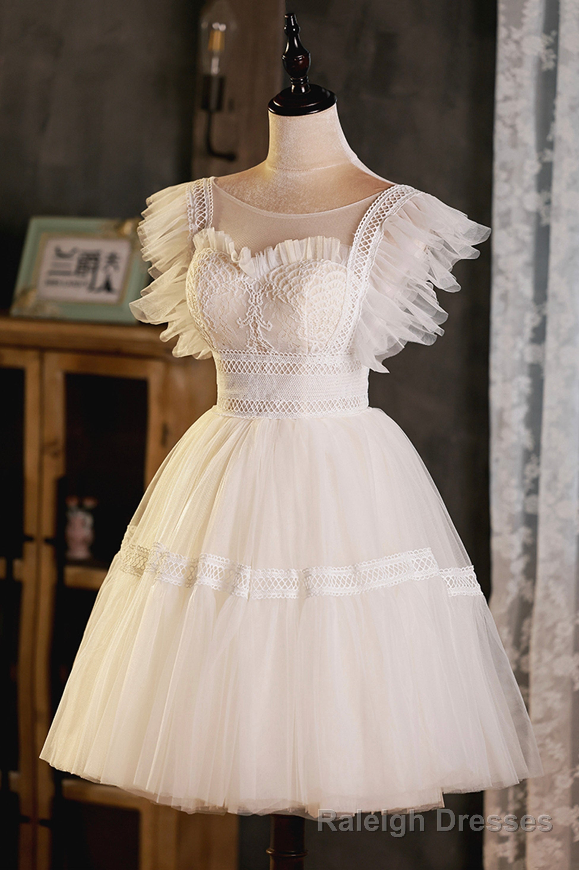 Cute Lace Short A-Line Prom Dress, Champagne Party Dress