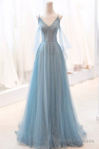 Blue Spaghetti Strap Tulle Long Prom Dress, V-Neck Evening Party Dress