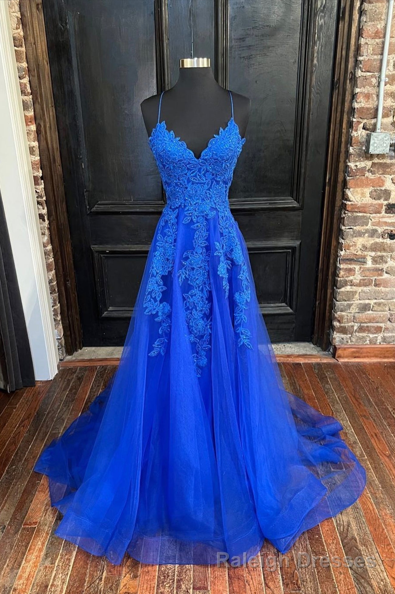 Blue V Neck Tulle Long Prom Dresses, Elegant A Line Lace Prom Dresses Main image