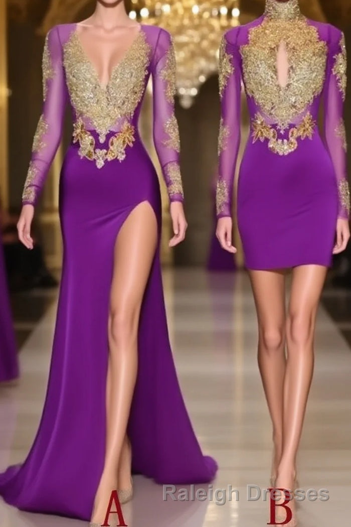 Unique Prom Dresses, Long Sleeve High Neck Beaded Split Prom Dresses