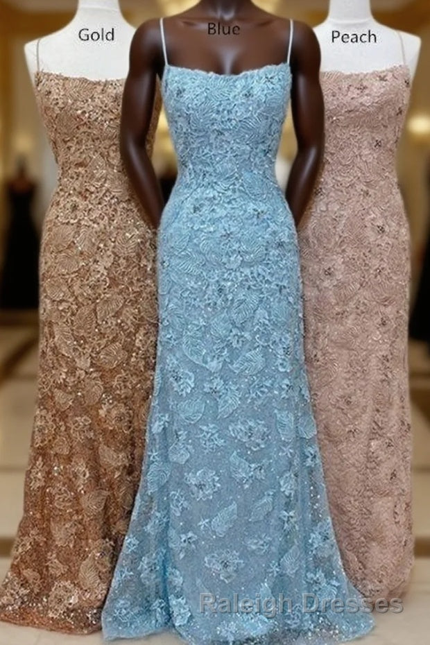 Straps Mermaid Blue Lace Appliques Long Prom Dresses Main image