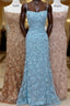 Straps Mermaid Blue Lace Appliques Long Prom Dresses