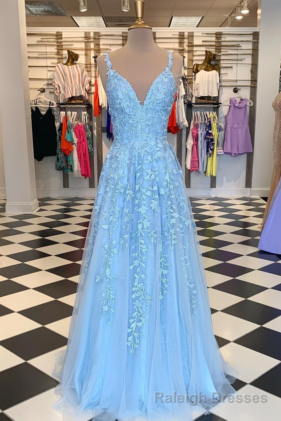Sky Blue V-Neck Lace Appliques Tulle Long Formal Dress Main image