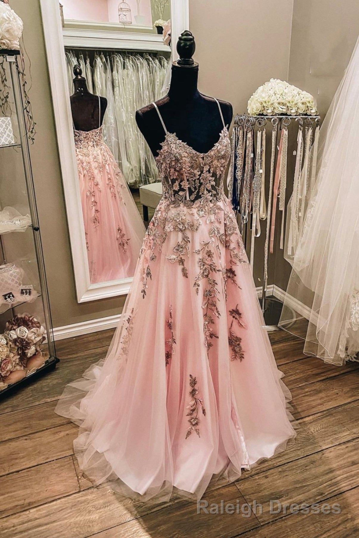 Pink Tulle Lace Long Prom Dresses, Lovely A-Line Evening Dresses Main image