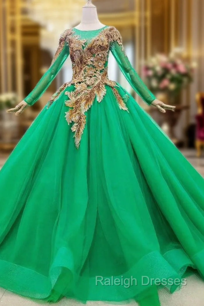 Custom Made Green Ball Gown Tulle Sequins Appliques Long Sleeve Wedding Dress Main image