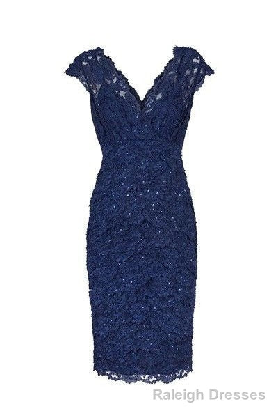 Sexy V Neck Navy Blue Lace Short Mother of the Bride Dress