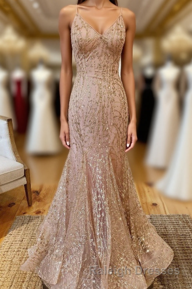 Mermaid V-Neck Rose Gold Long Prom Dress with Criss Cross Back Main image