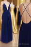 Simple A-line V Neck Navy Blue Long Prom Dress