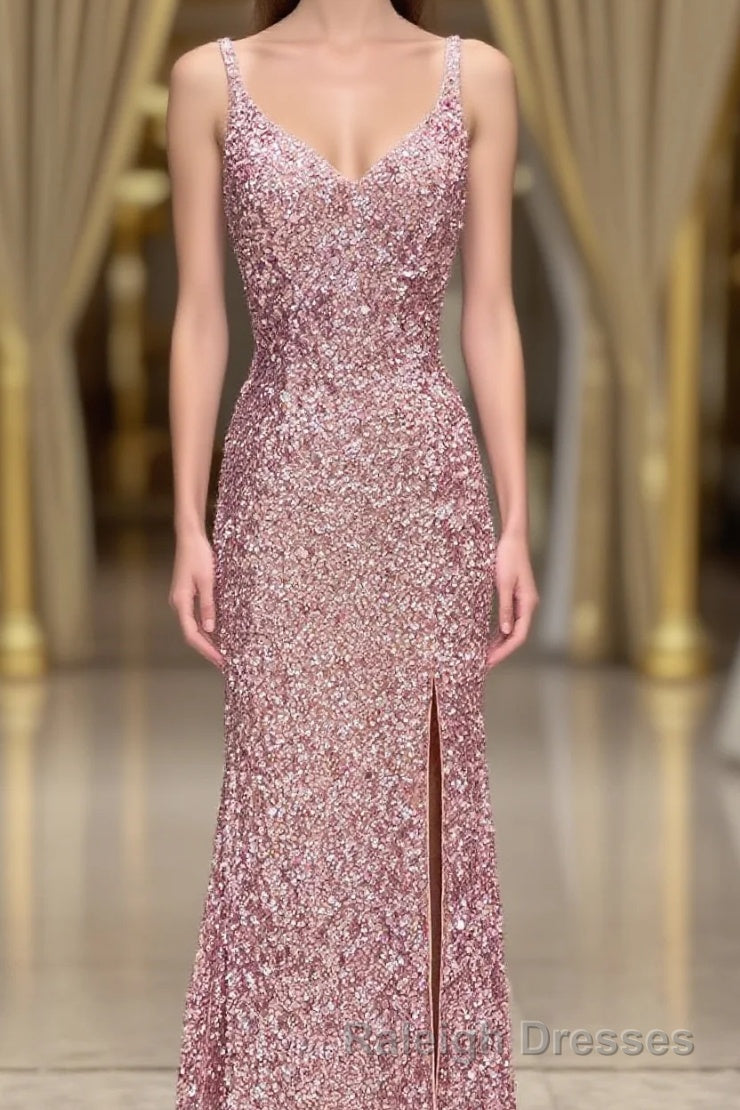 Gorgeous Mermaid V-Neck Pearl Pink Long Prom Dress with Slit Main image