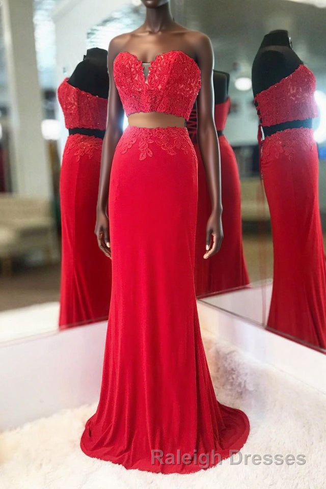 Elegant Two Piece Sweetheart Beaded Red Prom Dress with Lace-up Back Main image