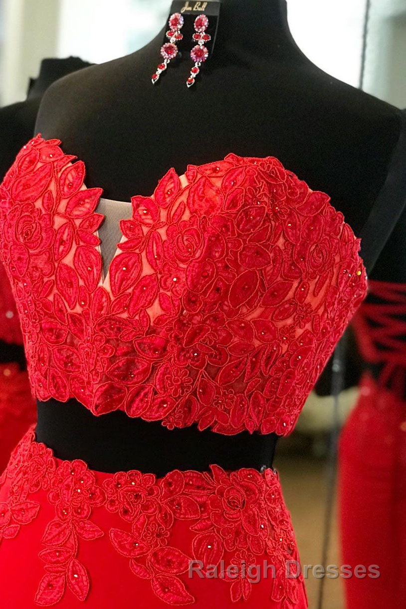 Elegant Two Piece Sweetheart Beaded Red Prom Dresses with Lace-up Back