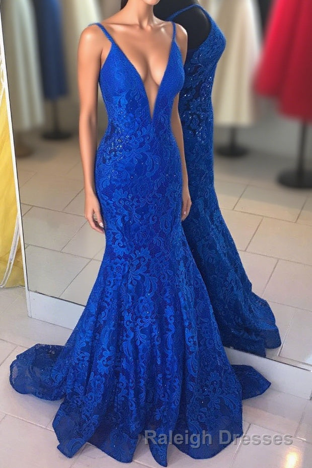 Elegant V Neck Mermaid Royal Blue Long Lace Prom Dress
