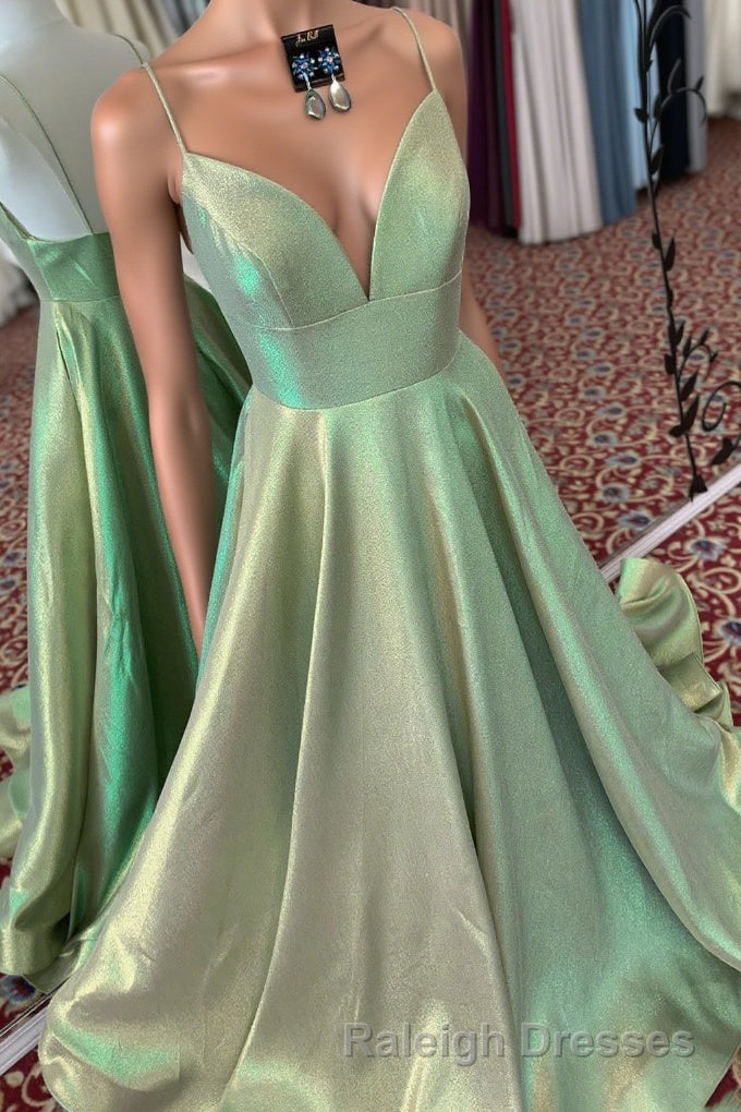 Elegant A-Line Empire V-Neck Green Long Prom Dress with Straps