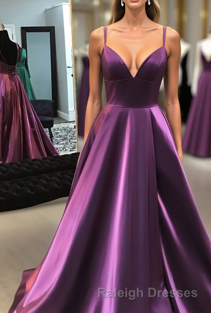 Gorgeous V Neck Lace-up Back Plum Long Prom Dresses Main image