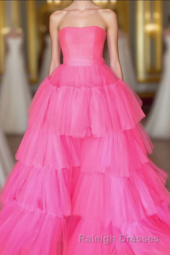 Elegant Strapless Layered Hot Pink Long Prom Dress with Slit