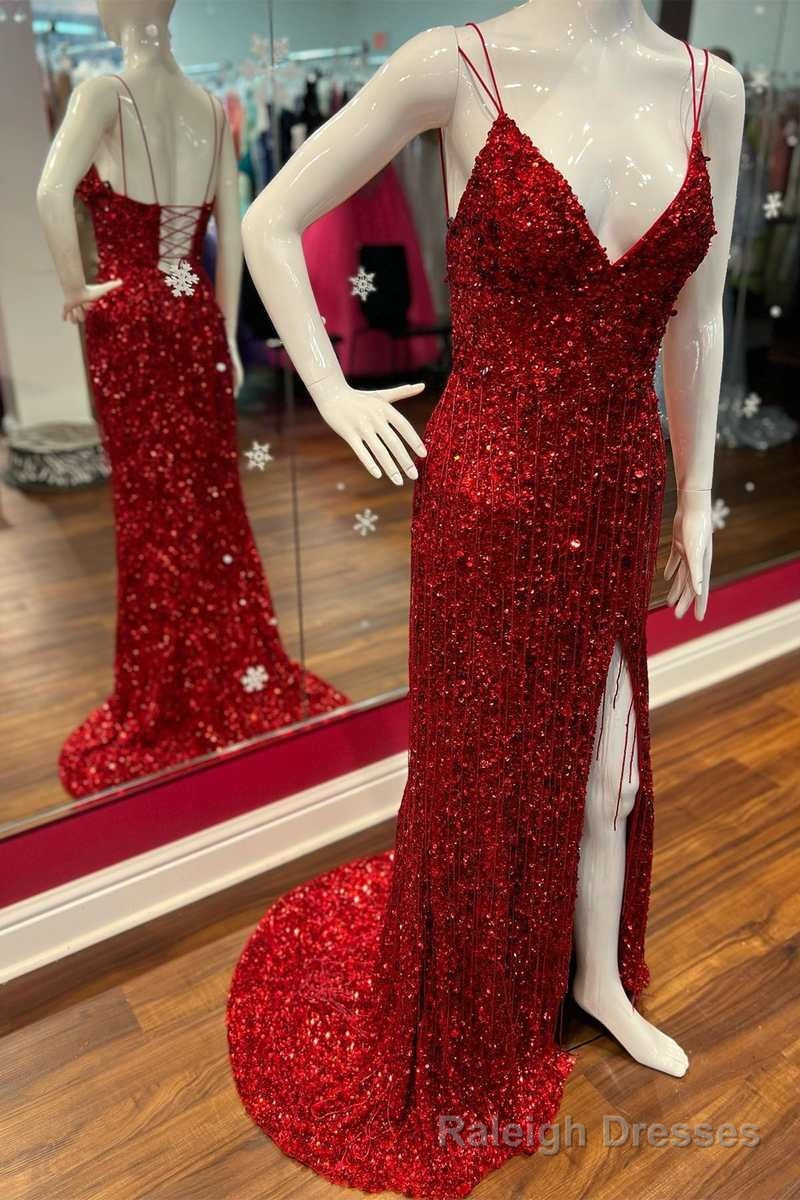 Red Sequin Fringe V Neck Lace-Up Back Mermaid Long Prom Dress with Slit