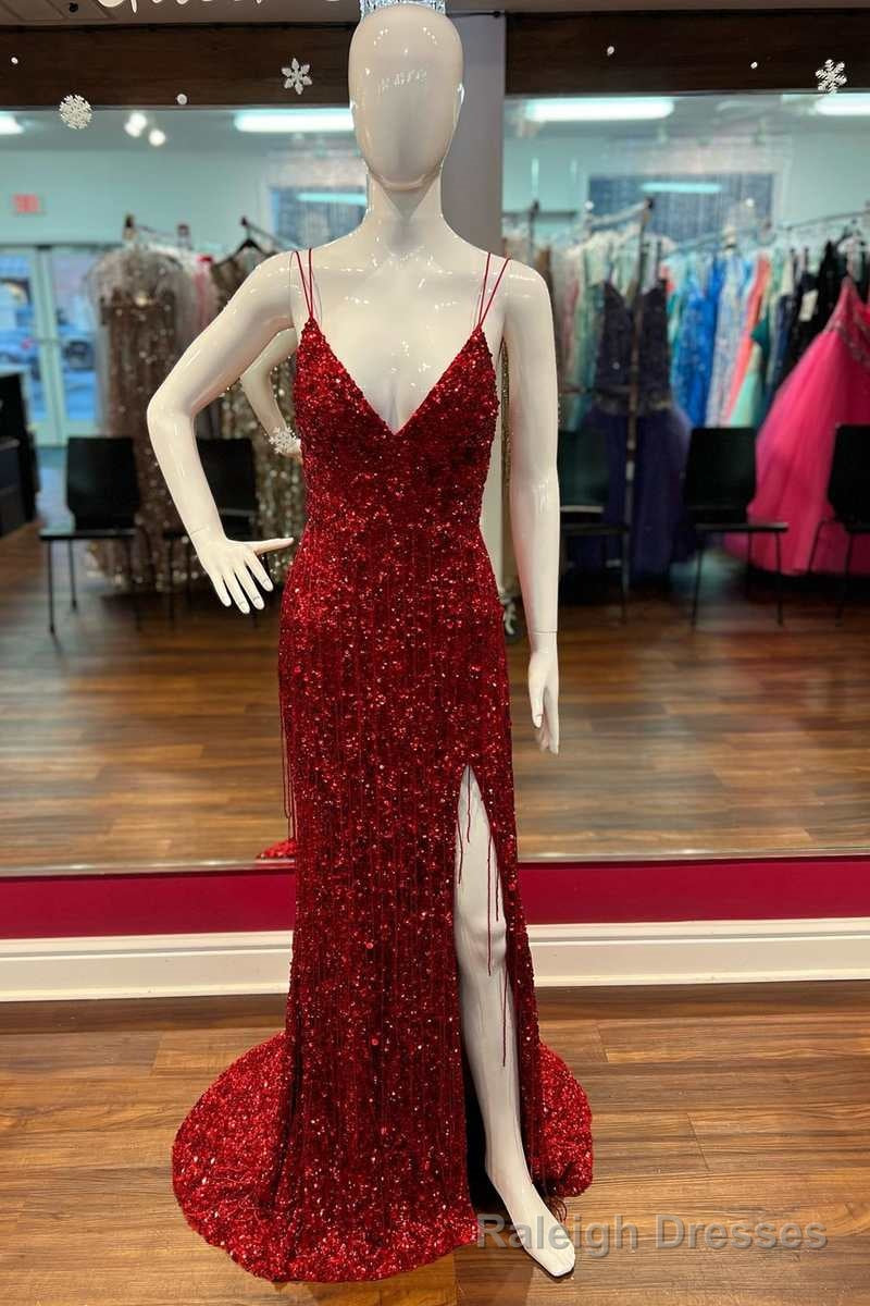 Red Sequin Fringe V-Neck Lace-Up Back Mermaid Long Prom Dress with Slit Secondary image