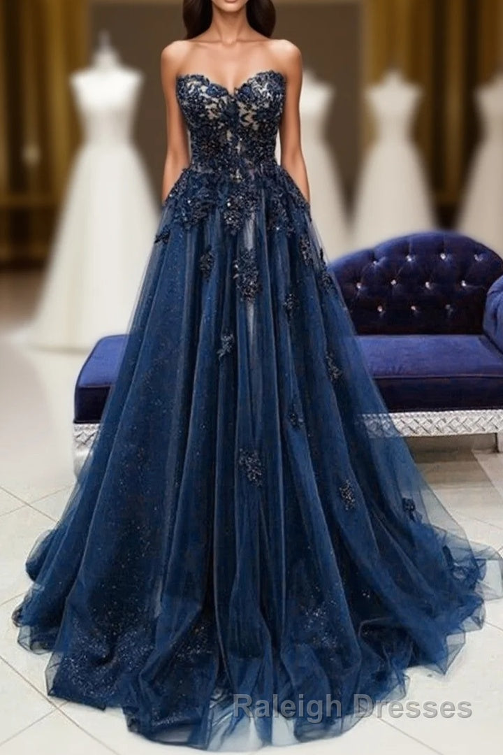 Navy Blue Tulle With Lace Sweetheart Long Formal Dress, Blue Long Prom Dress