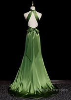 Green Soft Satin Halter Long Evening Dress Party Dress, Green A-line Prom Dress