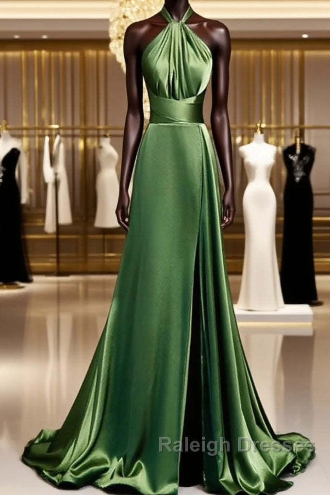 Green Soft Satin Halter Long Evening Dress Party Dress, Green A-line Prom Dress