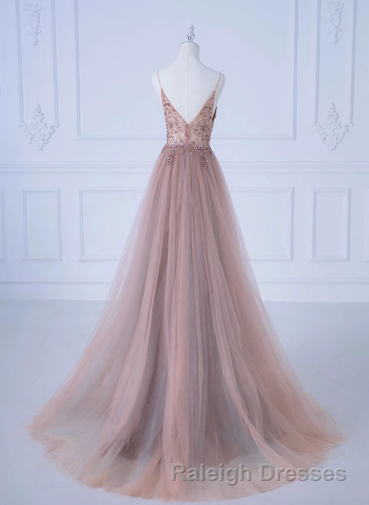 Pink V-Neckline Beaded Straps Long Party Dress, A-Line Pink Tulle Floor Length Prom Dress Secondary image