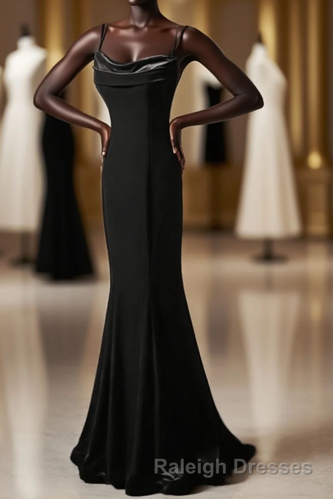 Black Straps Velvet Low Back Long Formal Dress, Black Velvet Evening Dress Prom Dress Main image