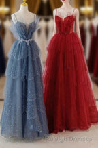 A-Line Tulle Layers Beaded Straps Long Party Dress, Tulle Prom Dress Evening Dress