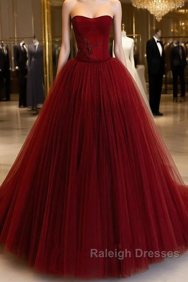 Wine Red Tulle Scoop Long Prom Dresses Wine Red Tulle Prom Dresseses Main image