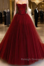 Wine Red Tulle Scoop Long Formal Dress, Wine Red Tulle Prom Dress Party Dress