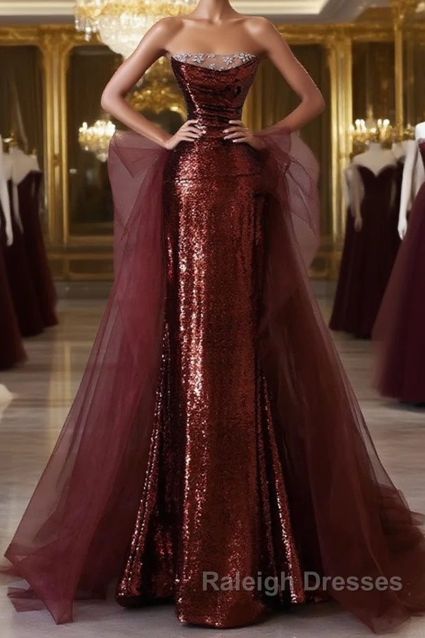 Wine Red Sequins and Tulle Beaded Long Party Dress, Wine Red Evening Dress