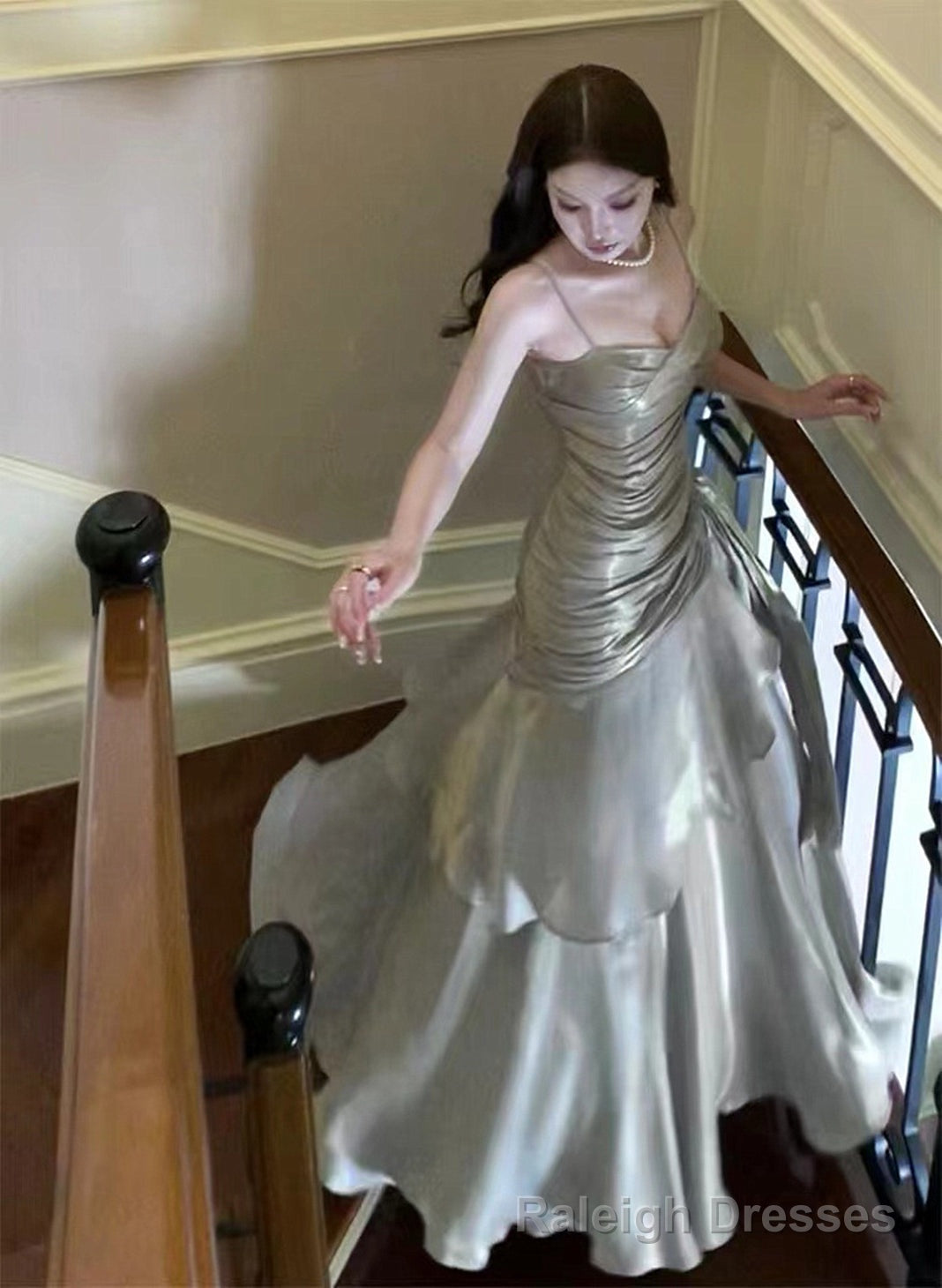 Sliver Grey Satin Straps Long Formal Gowns, Cute Long Prom Dress Main image