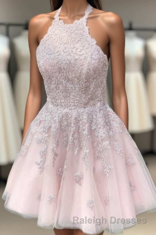 Halter Lace-Up back Short Pink Lace Homecoming Dresses Main image