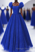 Royal Blue Scoop Tulle Short Sleeves Long Prom Dress, Royal Blue A-Line Party Dress