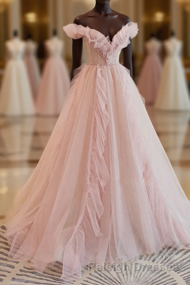 Pink Tulle Off The Shoulder A-Line Tulle Ruffles Floor-Length Prom Dress, Pink Long Party Dress Main image