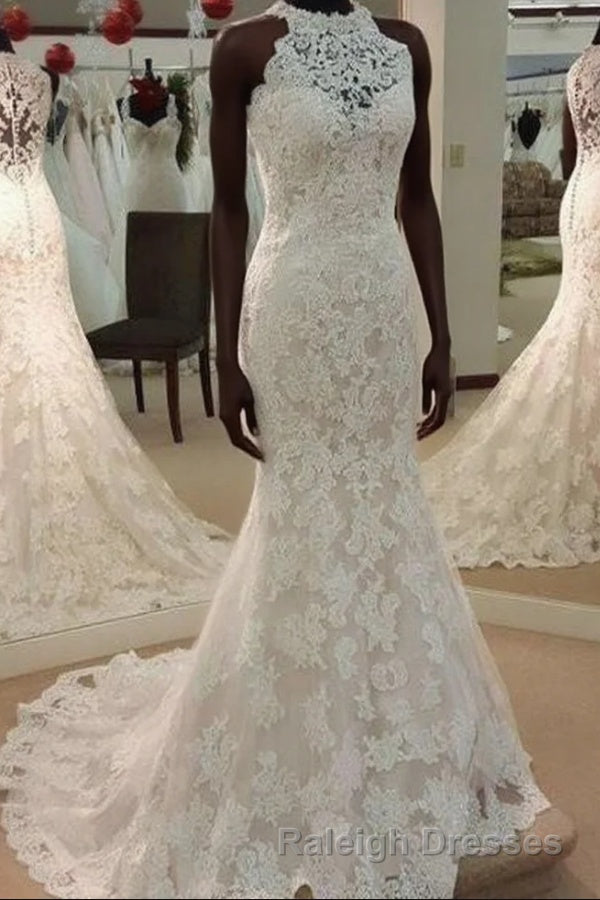 High Neck Mermaid Ivory Lace Wedding Dress Main image